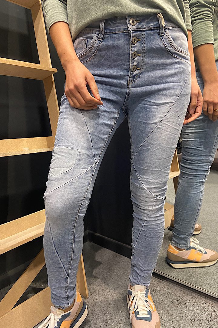 Jewelly Jeans knopensluiting met patchwork licht blauw