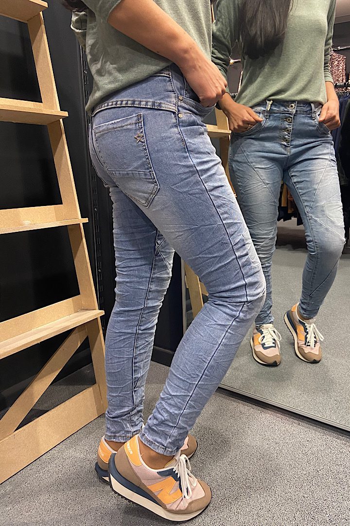 Jewelly Jeans knopensluiting met patchwork licht blauw