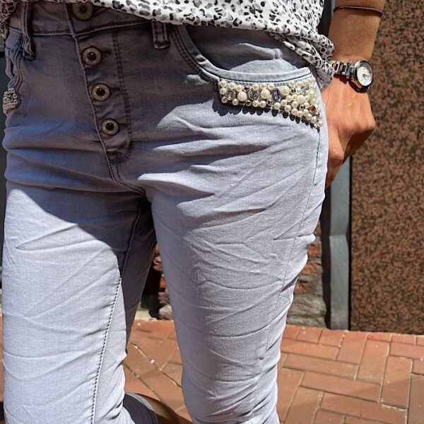 Jewelly jeans Capri met parels en stenen details licht-grijs