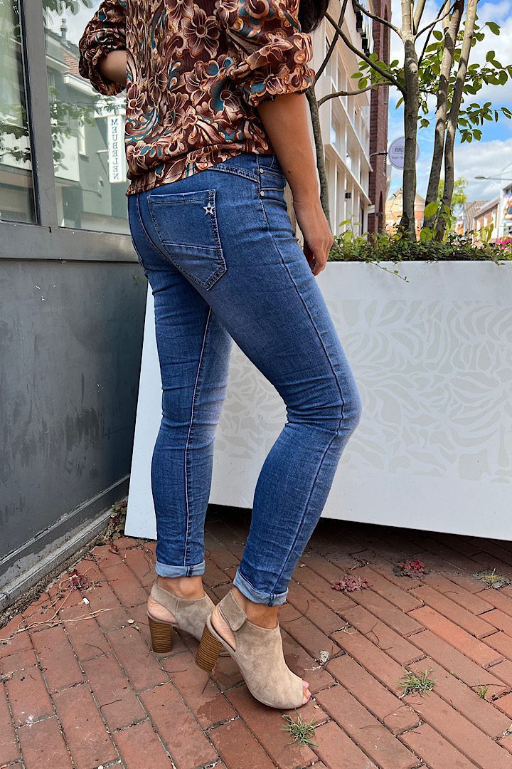 Jewelly Dark Denim Blue Boyfriend Jeans Dames - Stretch Broek Met Sierknopen En Mid Rise