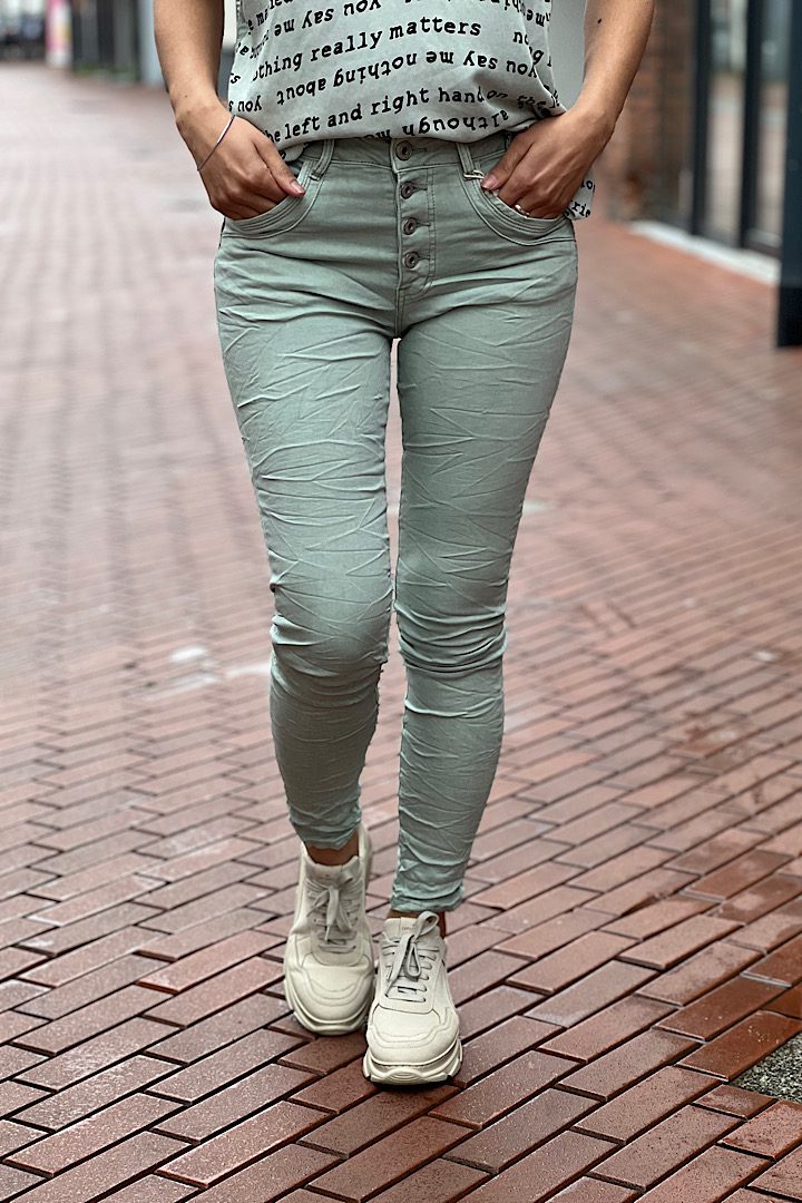 Jewelly high waist jeans met knopensluiting lichtgroen