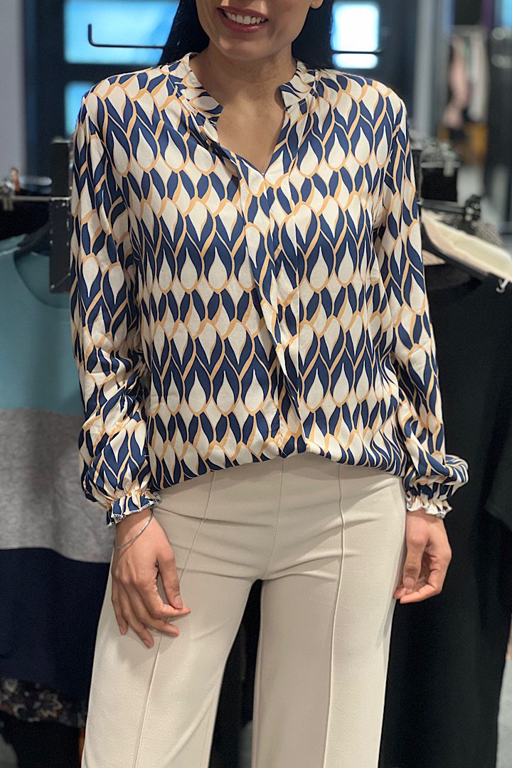 Musthave V-hals print blouse blauw/beige