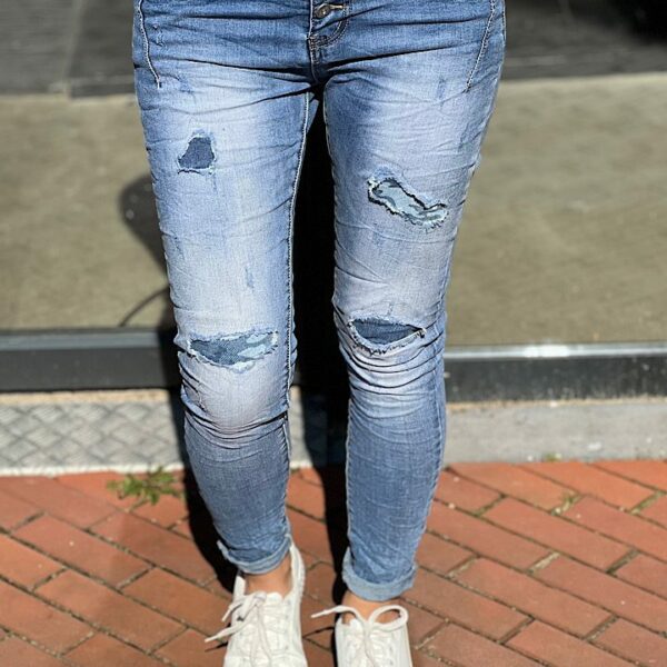 Jewelly high waist jeans gaten met patchwork blauw