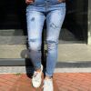 Jewelly high waist jeans gaten met patchwork blauw