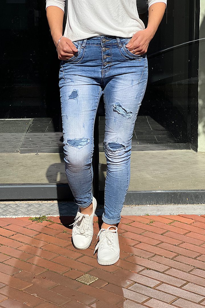 Jewelly high waist jeans gaten met patchwork blauw