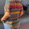 Travelstof blouse korte mouwen met zigzag multicolor