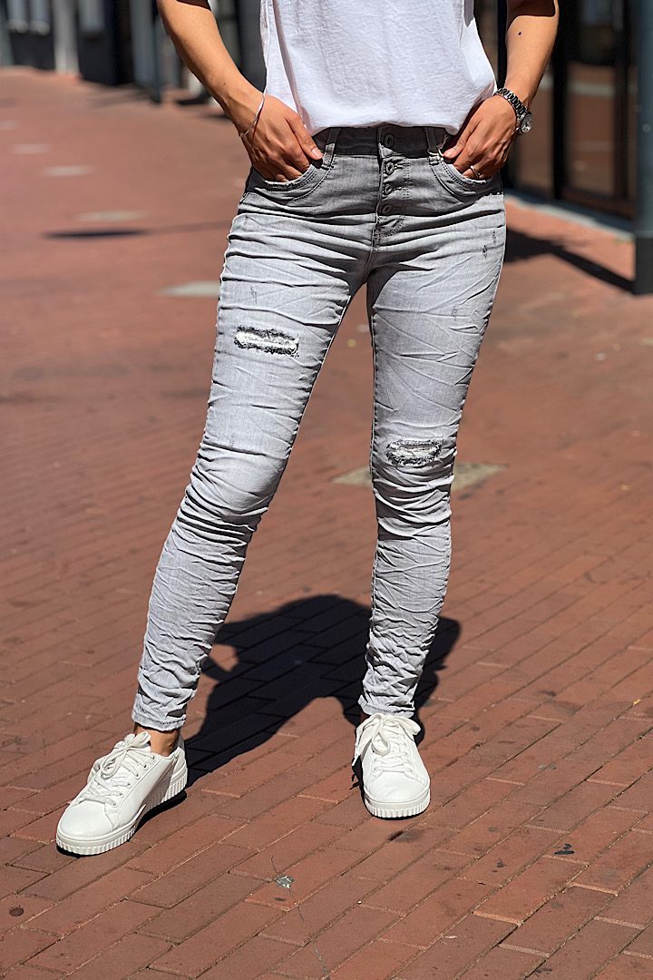 Jewelly high waist jeans knopensluiting met Lovertjes details licht-grijs
