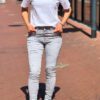 Jewelly high waist jeans knopensluiting met Lovertjes details licht-grijs