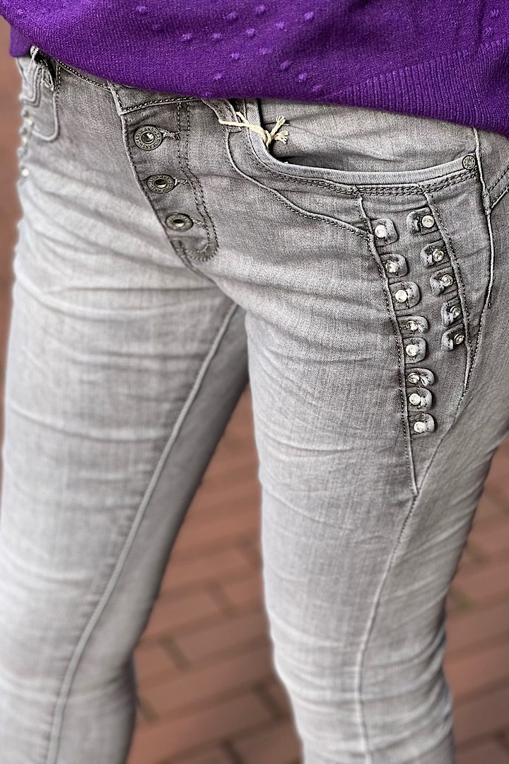 Jewelly Jeans knopensluiting met siersteentjes grijs