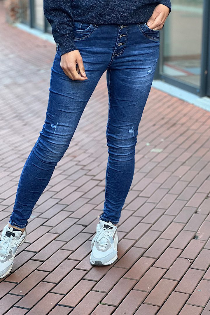 Jewelly jeans slijtage plekken donkerblauw