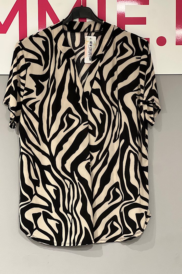 Travel blouse korte mouwen met print zwart/beige