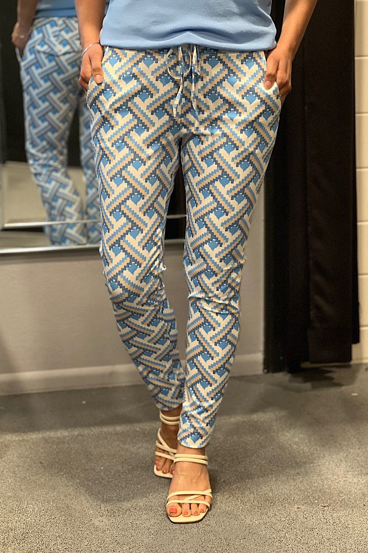 Travelstof broek “Made by Milaan” blauw/beige