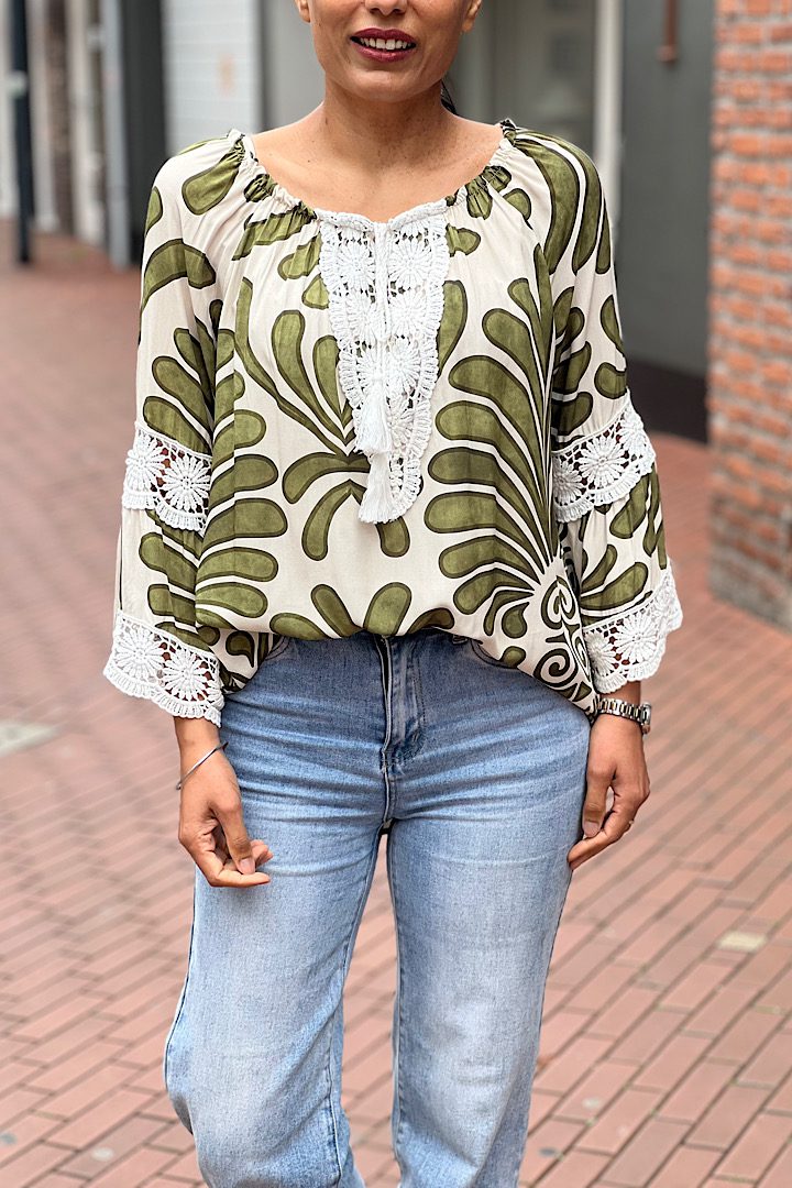 Bohemian style blouse met gehaakte kant groen