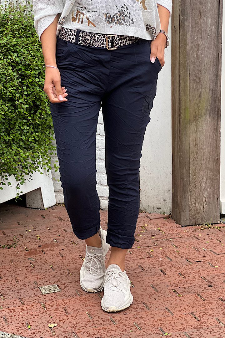 Stretchbroek met riem donkerblauw One Size 38/42