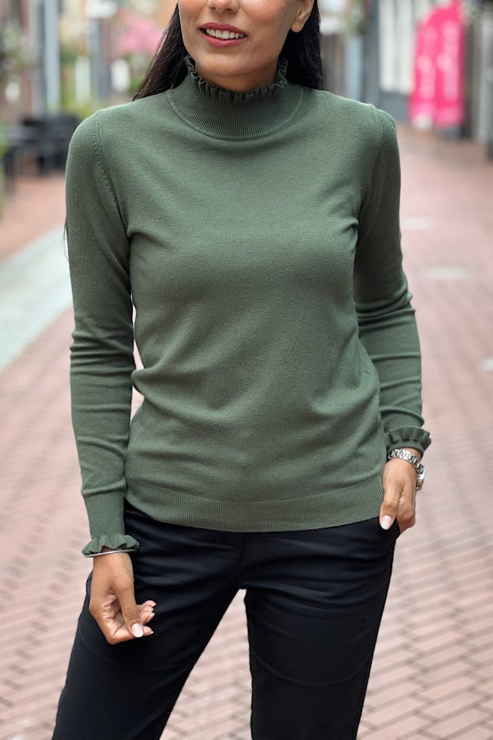 Turtleneck trui met ruches legergroen