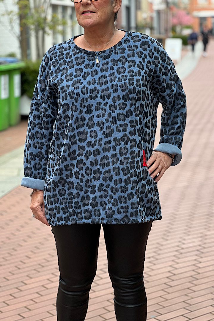 Corduroy sweater leopard print blauw