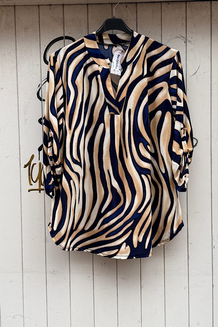 Travel blouse met print blauw/beige