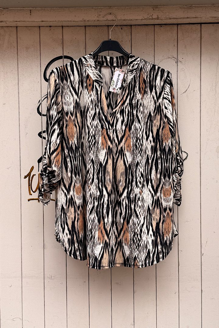 Travel blouse met print zwart/beige