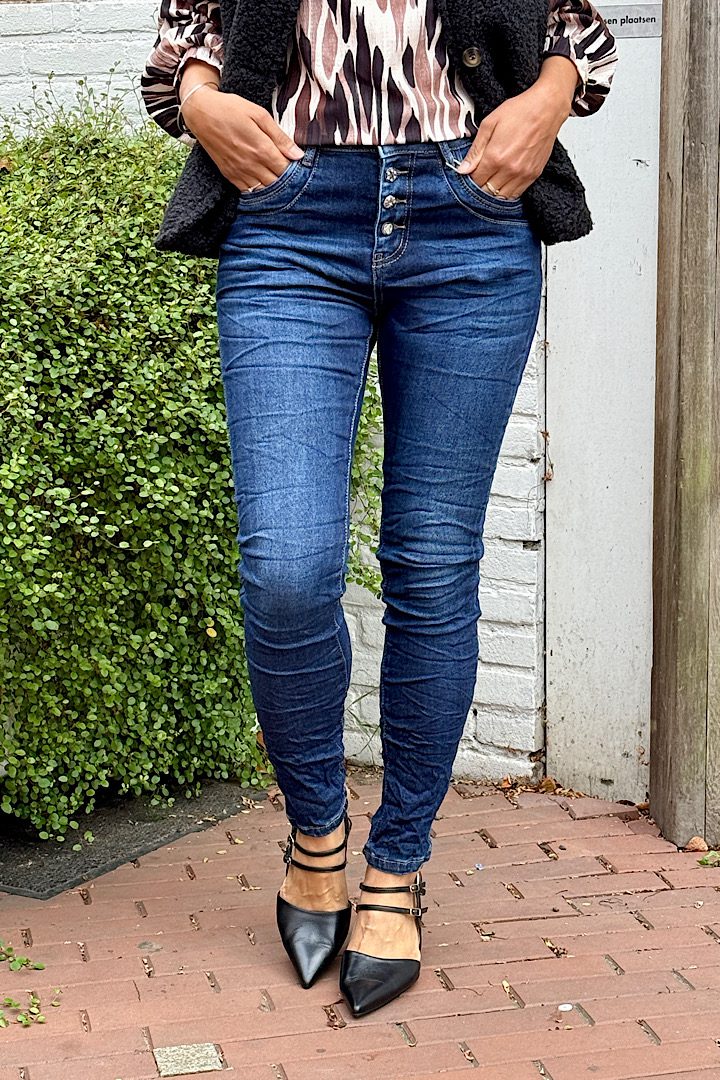 Jewelly high waist jeans Fancy knopensluiting donkerblauw