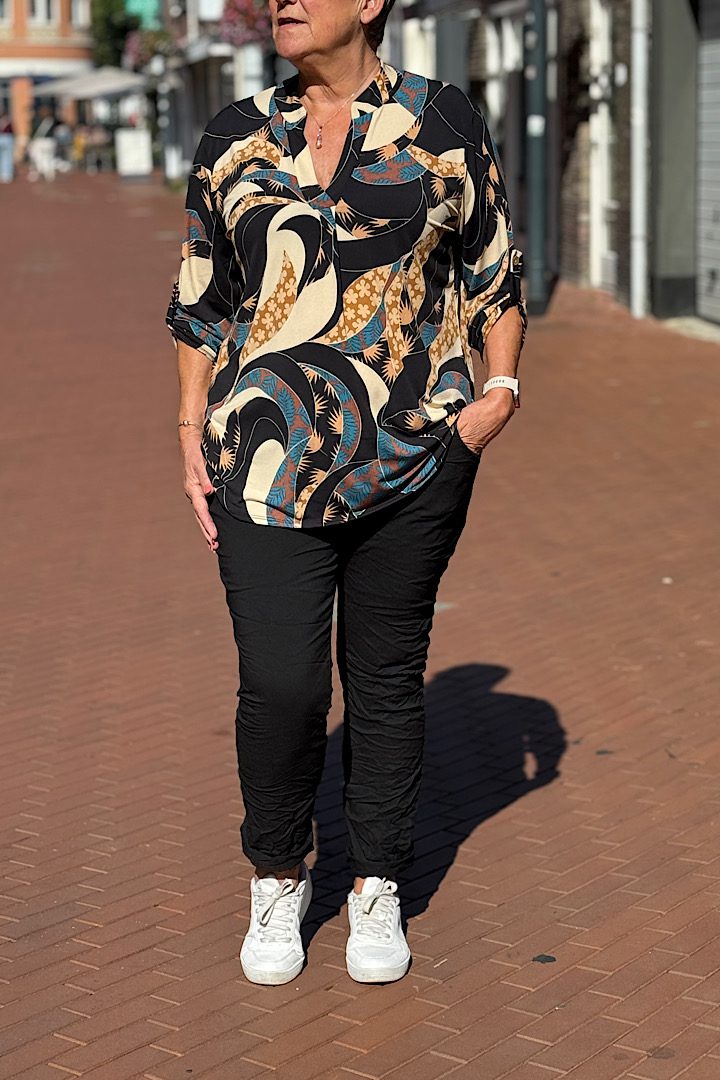 Travel blouse met print zwart/petrol