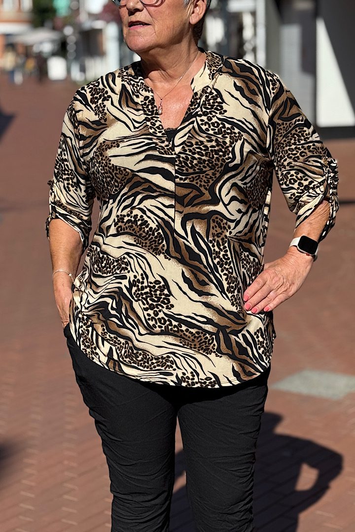 Travel blouse met print zwart/bruin