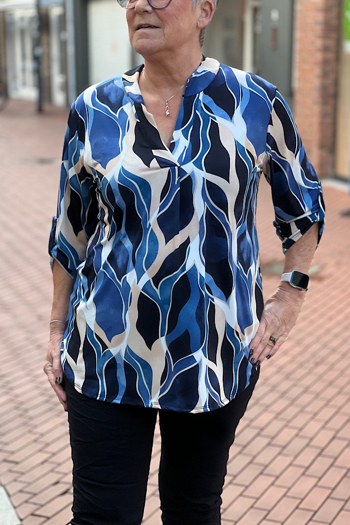 Travel blouse met print blauw/beige