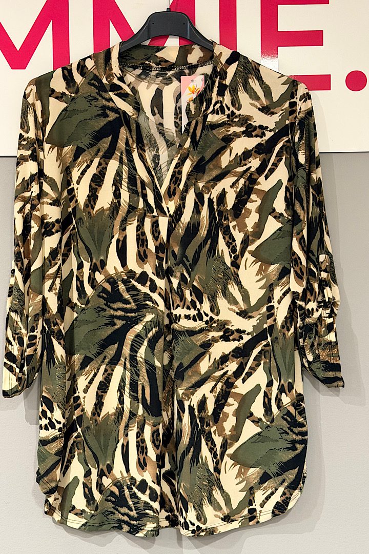 Travel blouse met print legergroen/beige