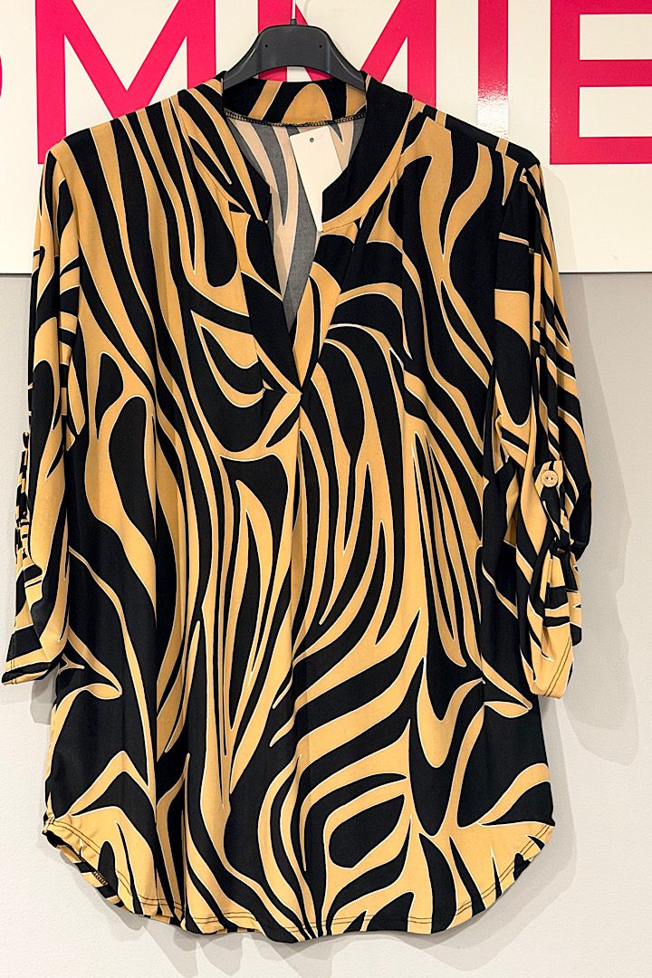 Travel blouse met print zwart/camel