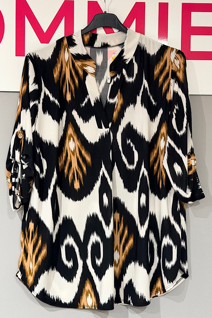 Travel blouse met print zwart/bruin