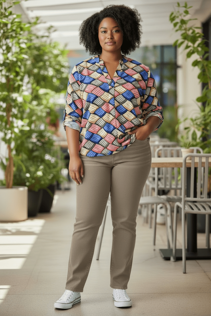 Travel blouse met print blauw/roze