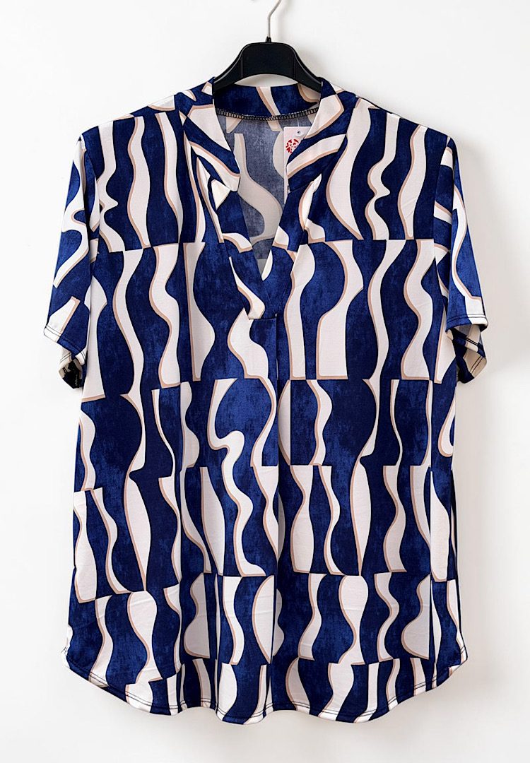 Travel blouse met print blauw/wit