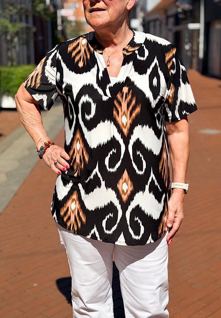 Travel Blouse met print zwart/beige